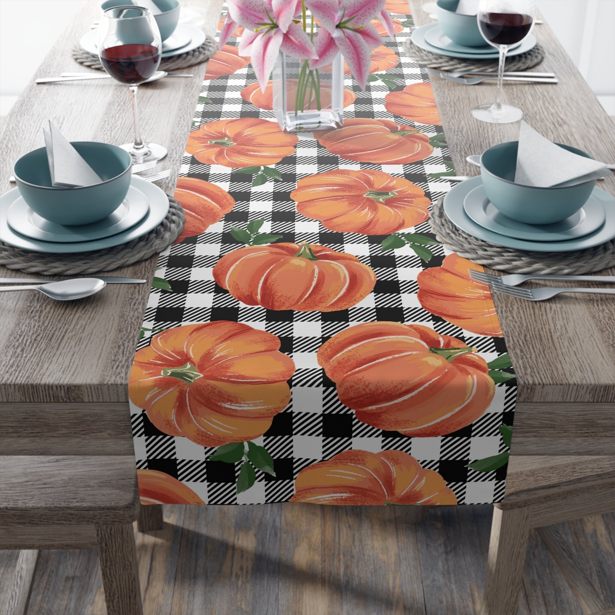 Kate McEnroe New York Fall Pumpkins Gingham Table Runner, Autumn Kitchen Decor, Thanksgiving Dining Table Decoration, Fall Floral Tabletop Decor, Table Linen GiftTable Runners16580672564762382852