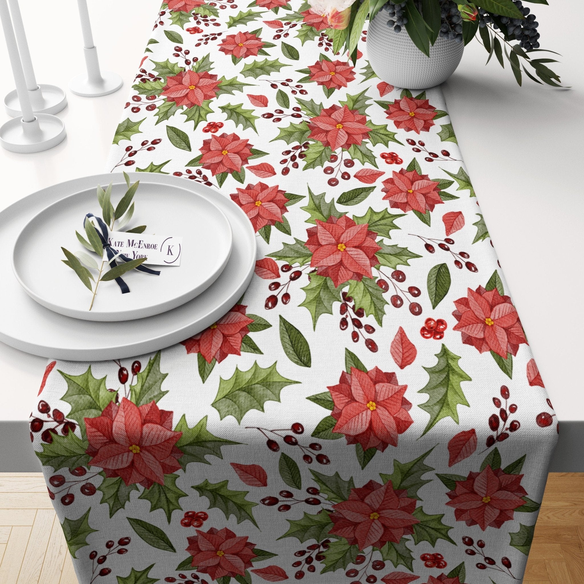 Kate McEnroe New York Farmhouse Poinsettia Christmas Floral Table RunnerTable Runners49272438048298413999