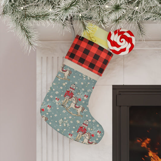 Printify Festive Nutcracker Christmas Stocking: Plaid Top, Burlap Linen Boot, Spacious - Perfect Holiday Decor, Gift for Kids Home Decor One size / Red and Black/Natural 24437937388702256679