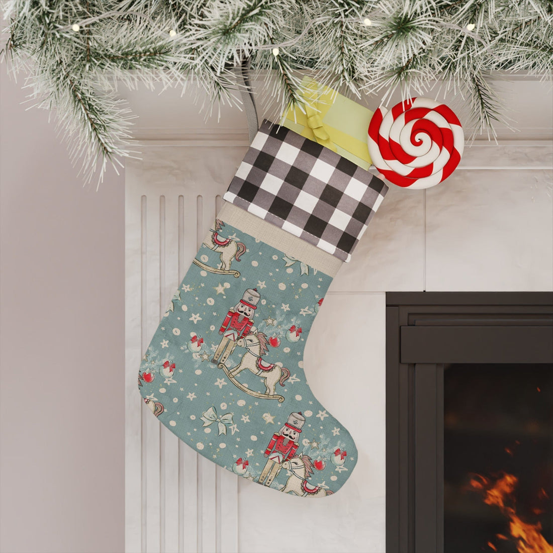 Printify Festive Nutcracker Christmas Stocking: Plaid Top, Burlap Linen Boot, Spacious - Perfect Holiday Decor, Gift for Kids Home Decor One size / White and Black/Natural 95850411104450938823