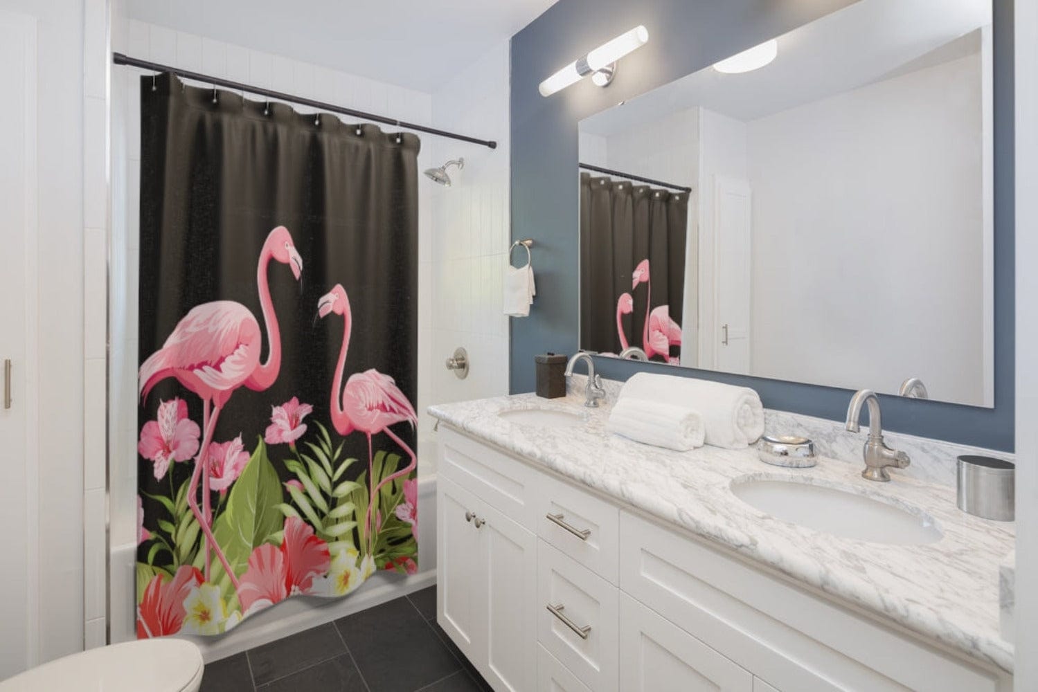 Kate McEnroe New York Flamingo Tropical Flowers Shower Curtains Home Decor Black / 71" × 74" 29168609226645754505