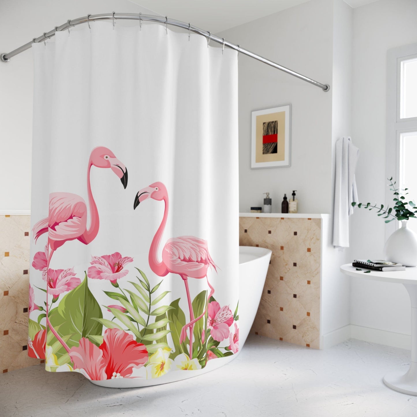 Kate McEnroe New York Flamingo Tropical Flowers Shower Curtains, Pink Flamingo Shower and Bath Curtain, Tropical Flowers Bath Curtain, Floral Bath Decor Shower Curtains