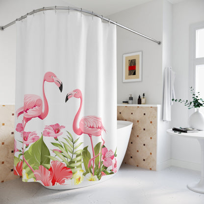 Kate McEnroe New York Flamingo Tropical Flowers Shower Curtains, Pink Flamingo Shower and Bath Curtain, Tropical Flowers Bath Curtain, Floral Bath DecorShower CurtainsS40 - FLA - TRO - 7X7B