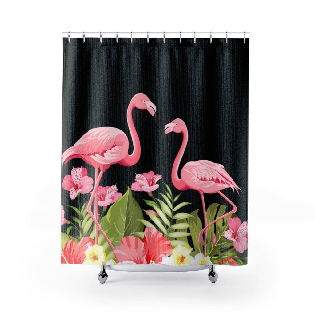 Kate McEnroe New York Flamingo Tropical Flowers Shower Curtains, Pink Flamingo Shower and Bath Curtain, Tropical Flowers Bath Curtain, Floral Bath DecorShower CurtainsS40 - FLA - TRO - 7X7B