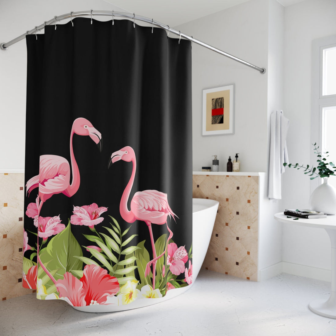 Kate McEnroe New York Flamingo Tropical Flowers Shower Curtains, Pink Flamingo Shower and Bath Curtain, Tropical Flowers Bath Curtain, Floral Bath DecorShower CurtainsS40 - FLA - TRO - 7X7B