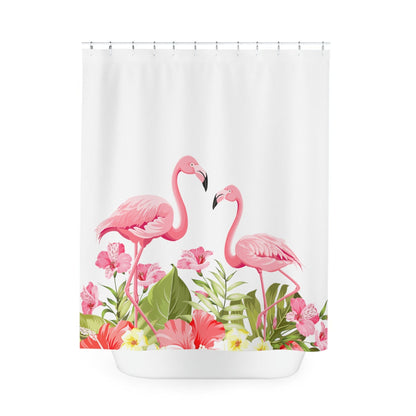 Kate McEnroe New York Flamingo Tropical Flowers Shower Curtains, Pink Flamingo Shower and Bath Curtain, Tropical Flowers Bath Curtain, Floral Bath DecorShower CurtainsS40 - FLA - TRO - 7X7B