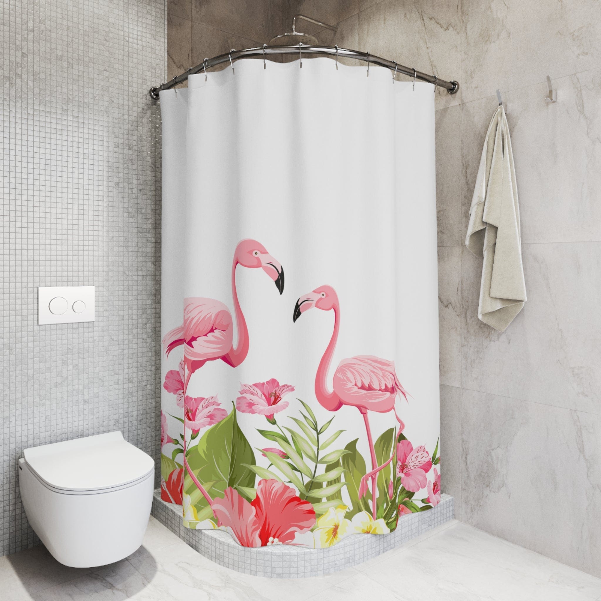 Kate McEnroe New York Flamingo Tropical Flowers Shower Curtains, Pink Flamingo Shower and Bath Curtain, Tropical Flowers Bath Curtain, Floral Bath DecorShower CurtainsS40 - FLA - TRO - 7X7B