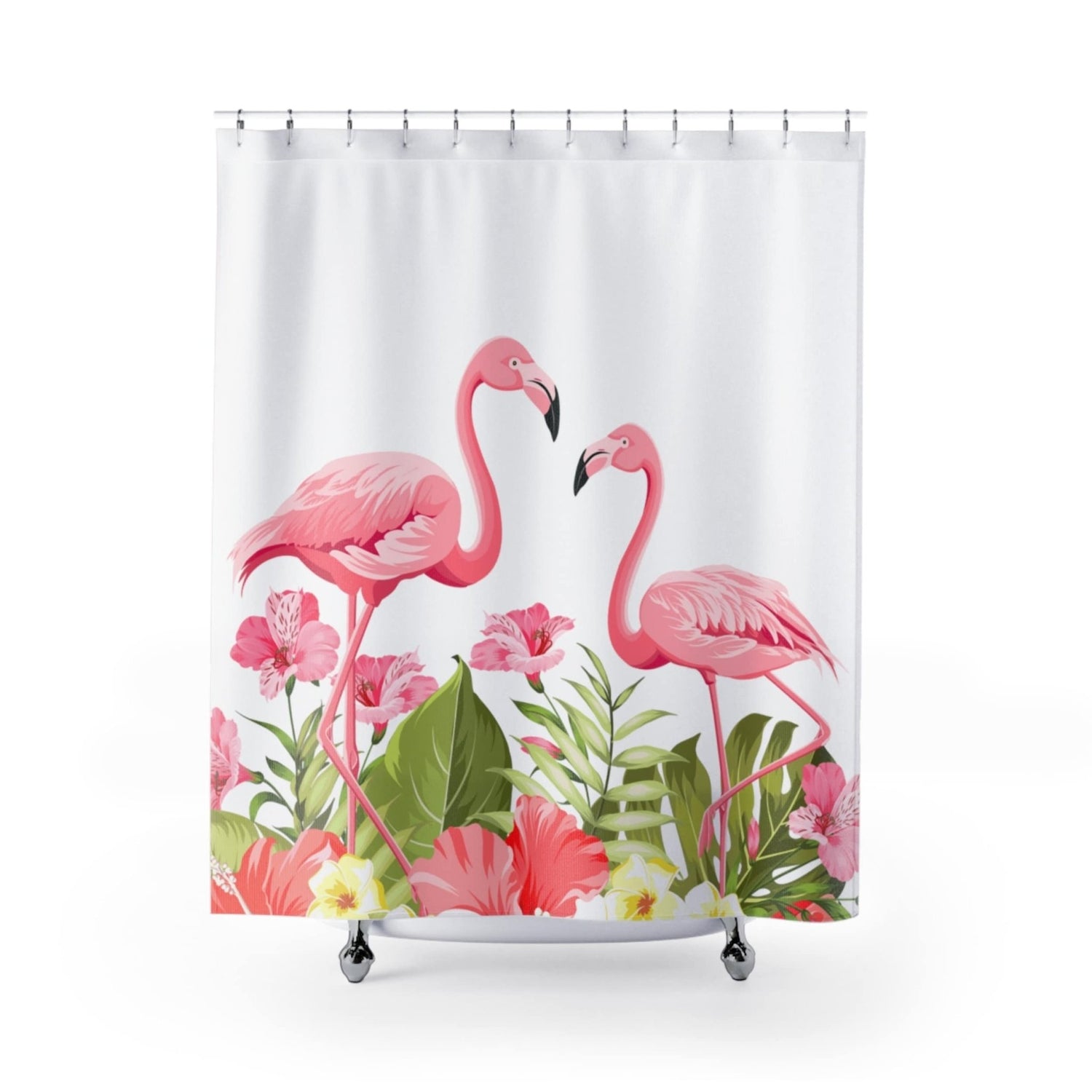 Kate McEnroe New York Flamingo Tropical Flowers Shower Curtains, Pink Flamingo Shower and Bath Curtain, Tropical Flowers Bath Curtain, Floral Bath DecorShower CurtainsS40 - FLA - TRO - 7X7B