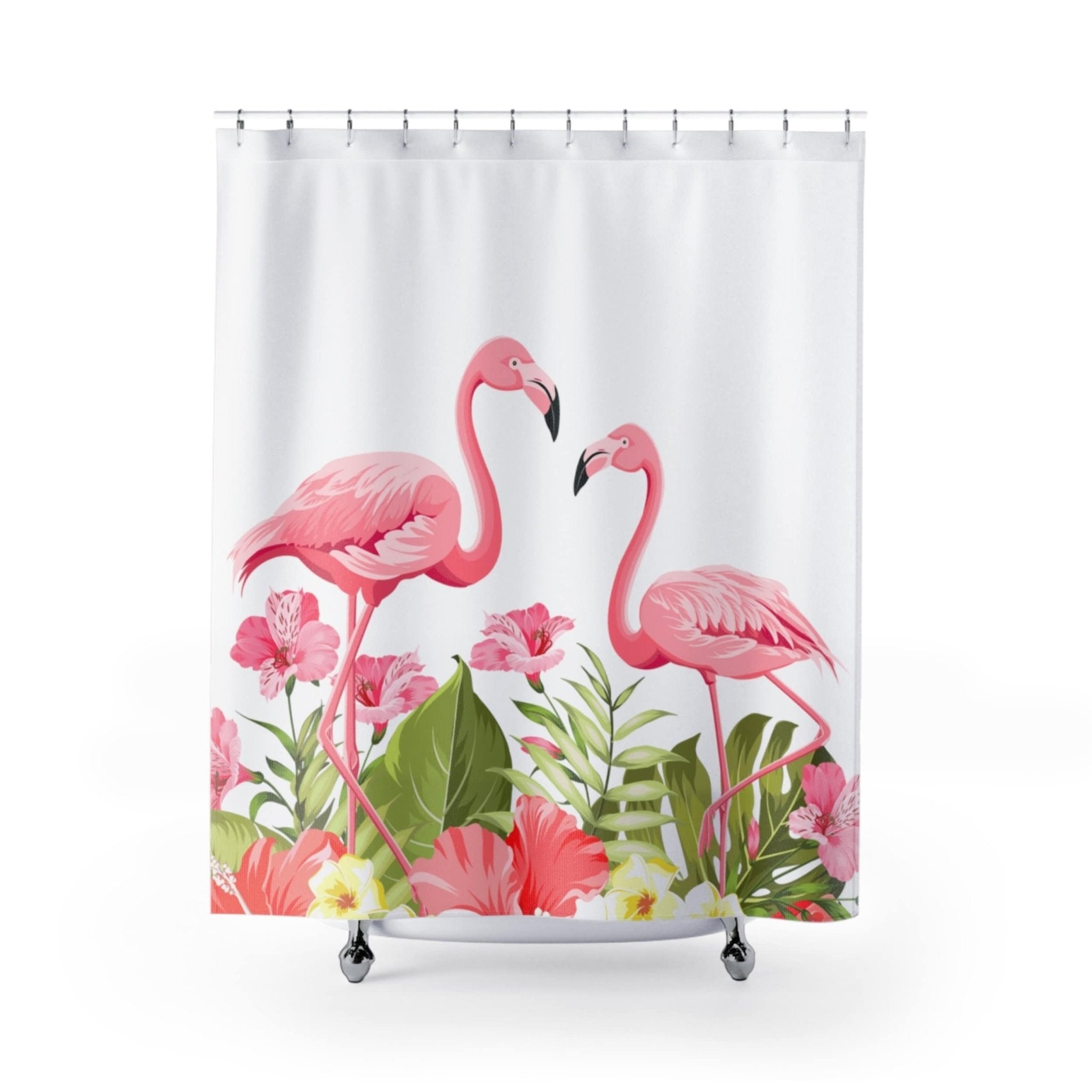 Kate McEnroe New York Flamingo Tropical Flowers Shower Curtains, Pink Flamingo Shower and Bath Curtain, Tropical Flowers Bath Curtain, Floral Bath DecorShower CurtainsS40 - FLA - TRO - 7X7B