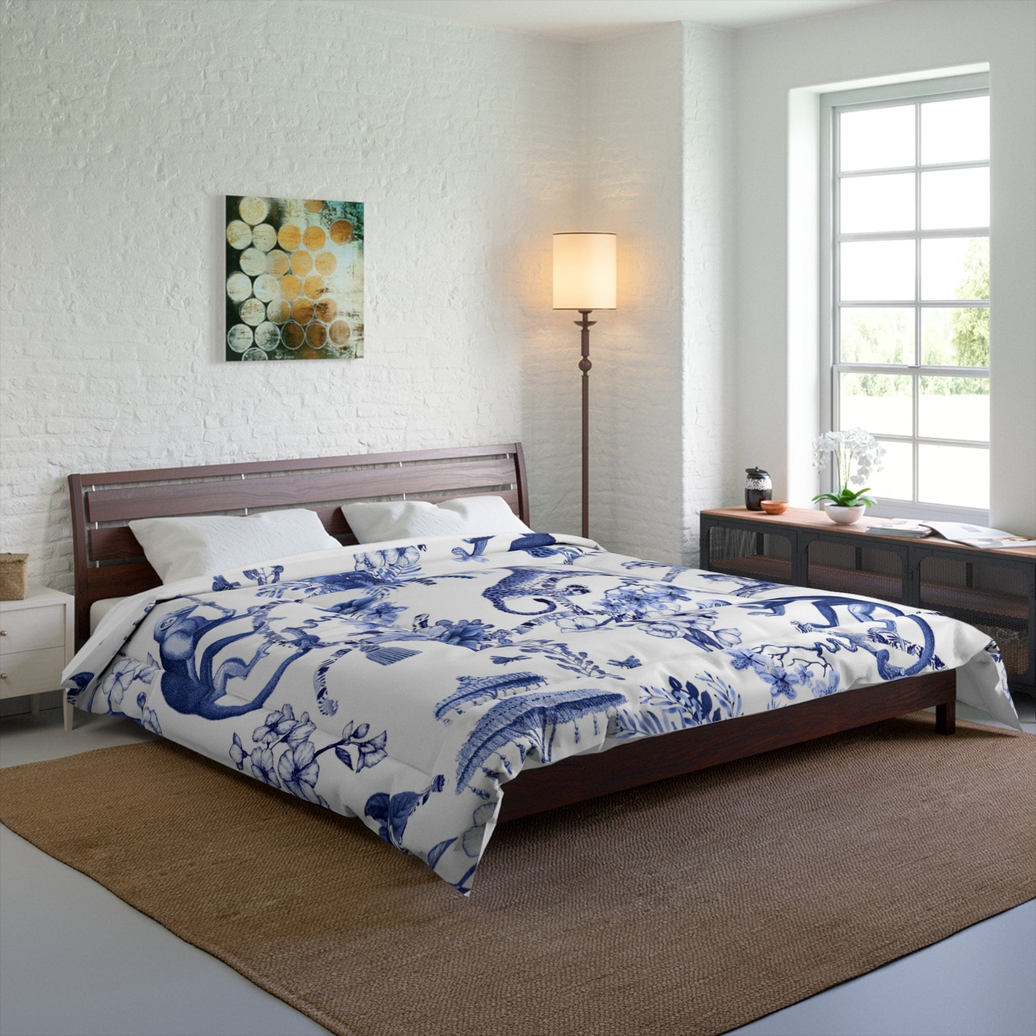 Kate McEnroe New York Floral Blue and White Chinoiserie Jungle Botanical Toile Comforter Comforters 104&quot; × 88&quot; 63686762632495954273