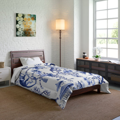 Kate McEnroe New York Floral Blue and White Chinoiserie Jungle Botanical Toile Comforter Comforters 68&quot; × 88&quot; 19352911491681014871
