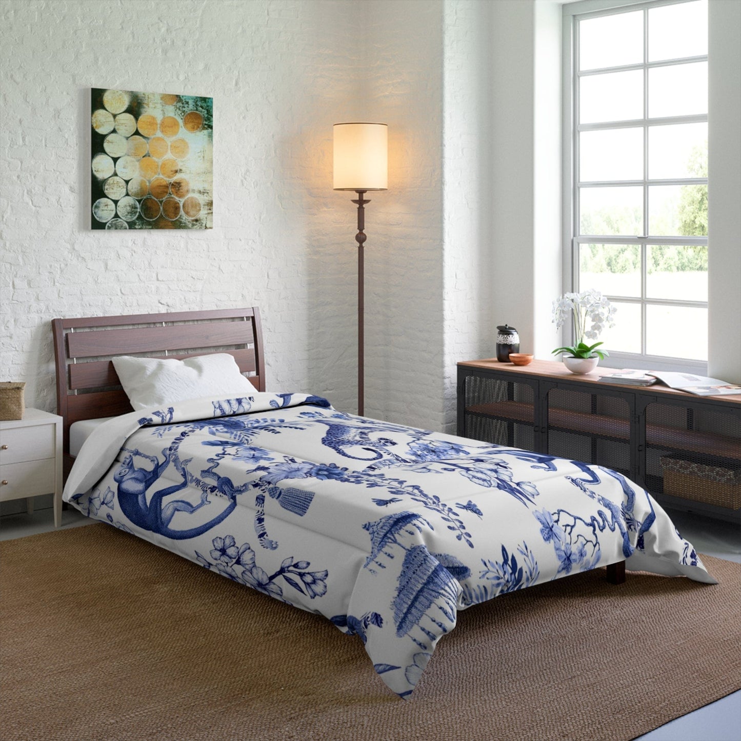 Kate McEnroe New York Floral Blue and White Chinoiserie Jungle Botanical Toile Comforter Comforters 68" × 92" 31736806517057842393