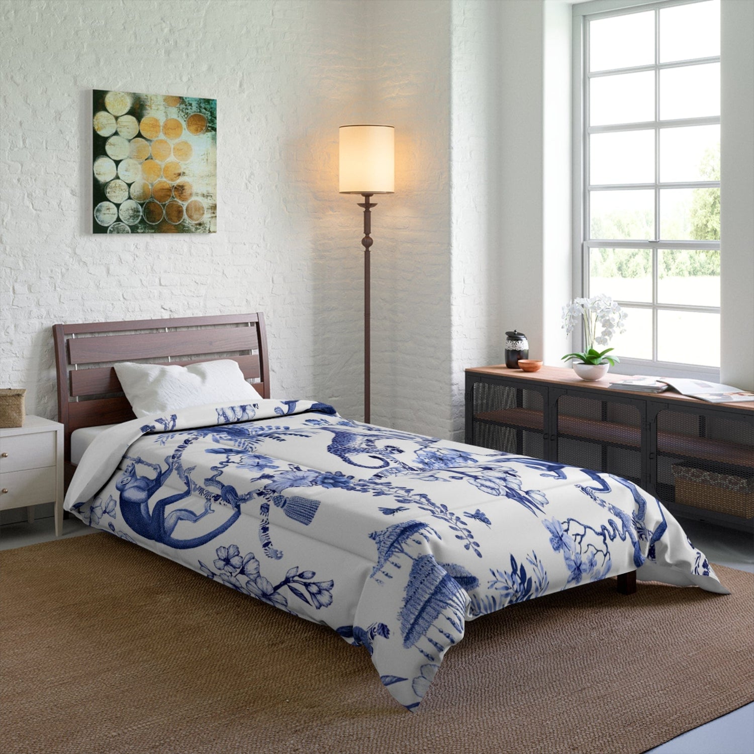 Kate McEnroe New York Floral Blue and White Chinoiserie Jungle Botanical Toile Comforter Comforters 68&quot; × 92&quot; 31736806517057842393
