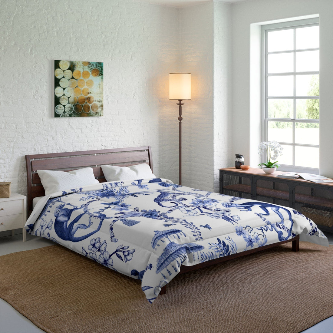 Kate McEnroe New York Floral Blue and White Chinoiserie Jungle Botanical Toile Comforter Comforters 88&quot; × 88&quot; 18330995444455096379