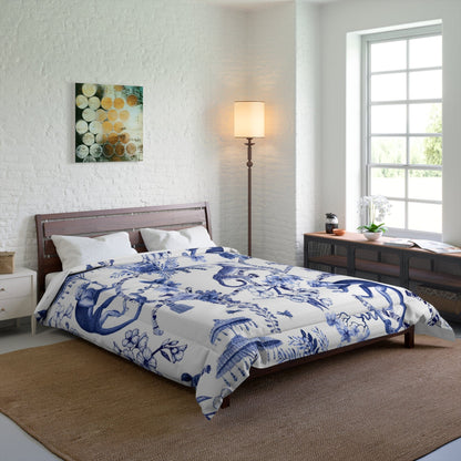 Kate McEnroe New York Floral Blue and White Chinoiserie Jungle Botanical Toile Comforter Comforters 88" × 88" 18330995444455096379
