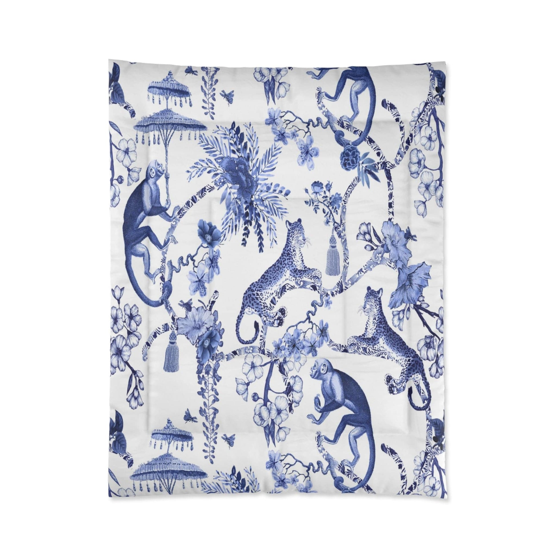 Kate McEnroe New York Floral Blue and White Chinoiserie Jungle Botanical Toile Comforter Comforters