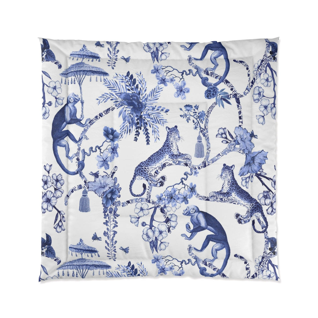 Kate McEnroe New York Floral Blue and White Chinoiserie Jungle Botanical Toile Comforter Comforters