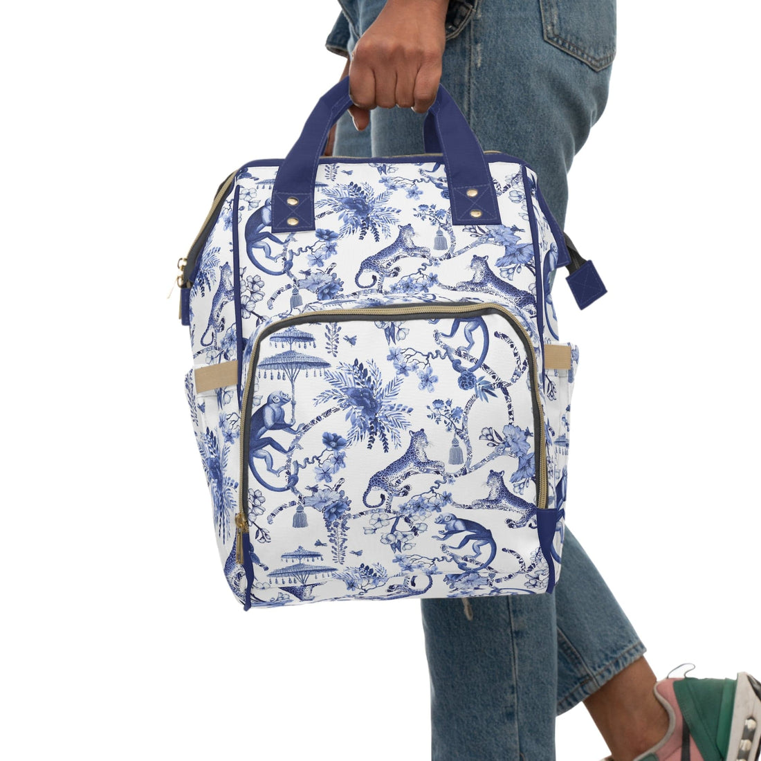 Kate McEnroe New York Floral Blue and White Chinoiserie Jungle Multifunctional Diaper Backpack Bags 15.0&quot; × 10.8&quot; × 6.7&