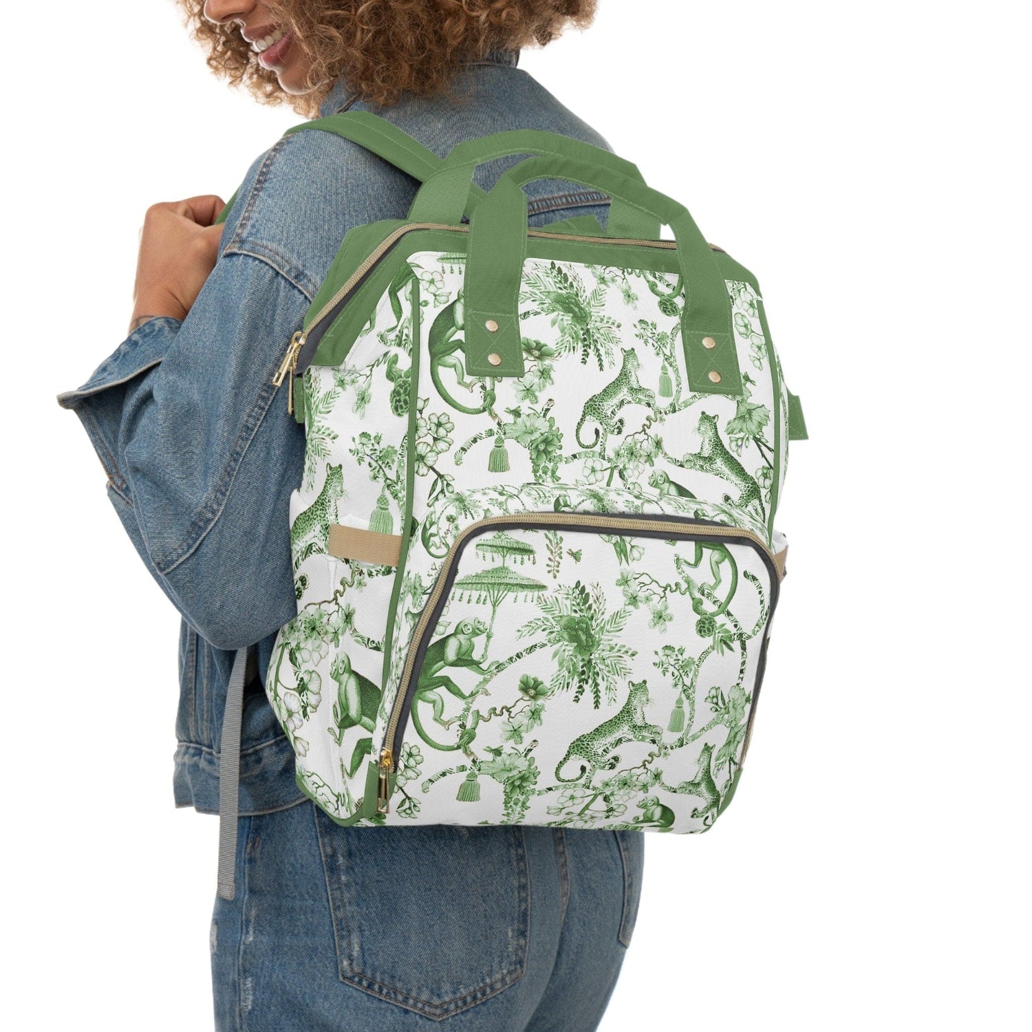 Kate McEnroe New York Floral Green and White Chinoiserie Jungle Multifunctional Backpack, Diaper Bag, Weekender Bag, Carry - on Luggage Bag, Multipurpose BackpackDiaper Bags16805015716788328462