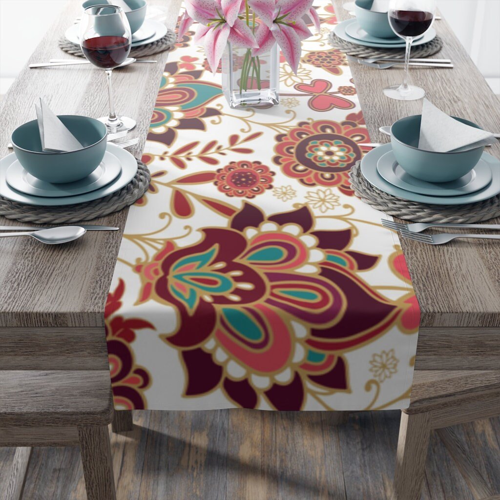Kate McEnroe New York Floral Paisley Ornamental Table Runner, Boho Indian Print Table Linens, Country Farmhouse Table DecorTable Runners39025476276112344738