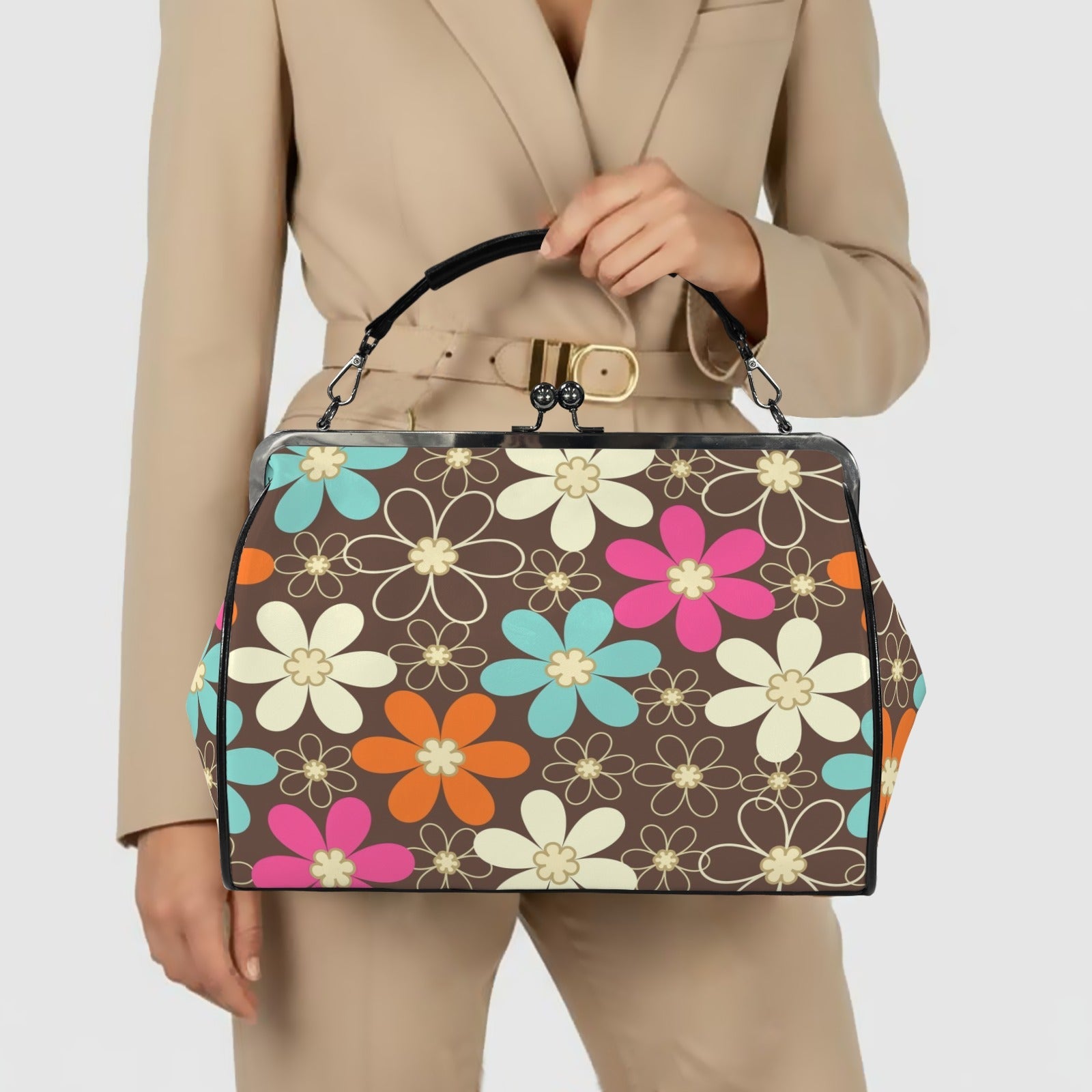 Kate McEnroe New York Flower Power Kiss Lock Handbag Retro 60s Mod Daisy PurseCrossbody BagsD3292609