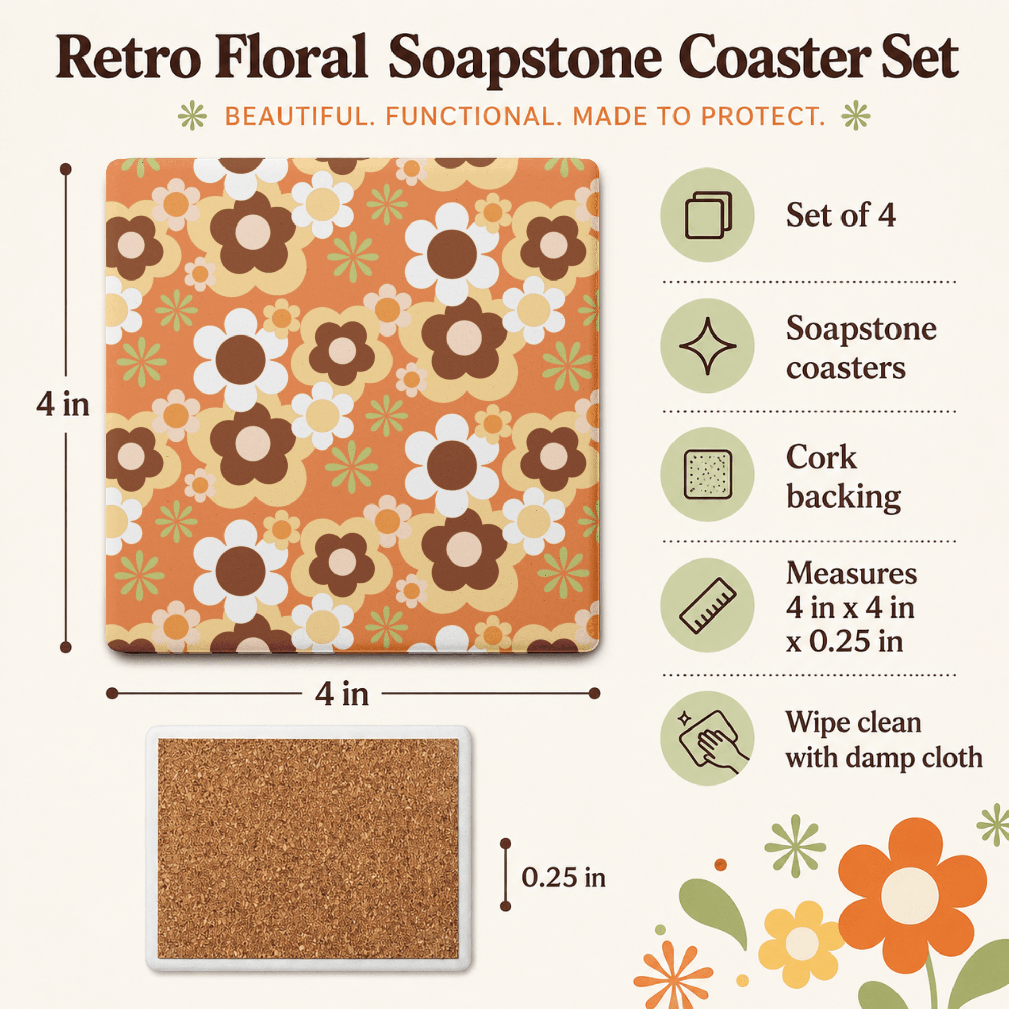 Kate McEnroe New York Flower Power Retro 70s Groovy Daisy Floral Drink Coaster SetCoasters7021