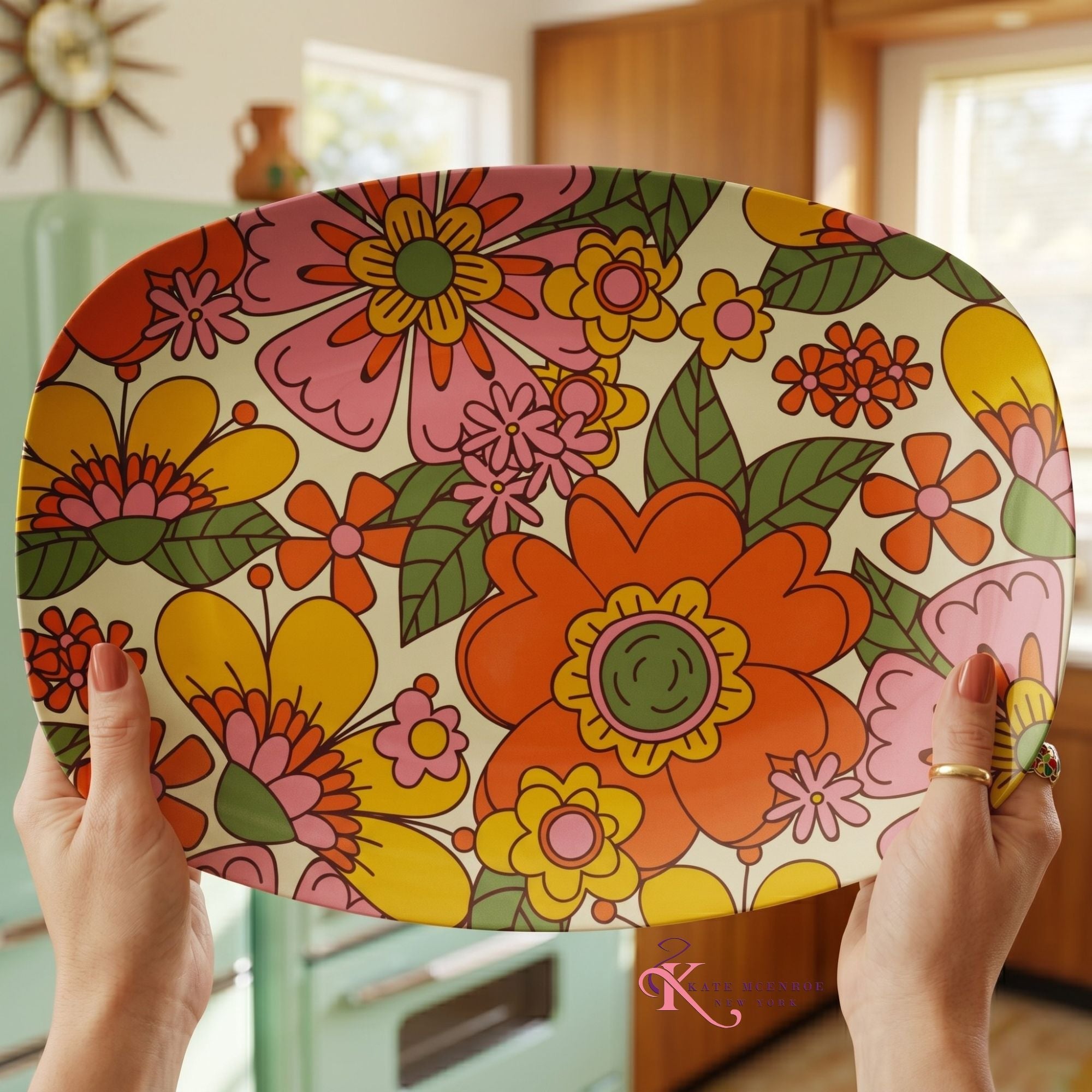 Kate McEnroe New York Flower Power Serving Platter, Retro 70s Floral Mid Century Modern DishServing Platters