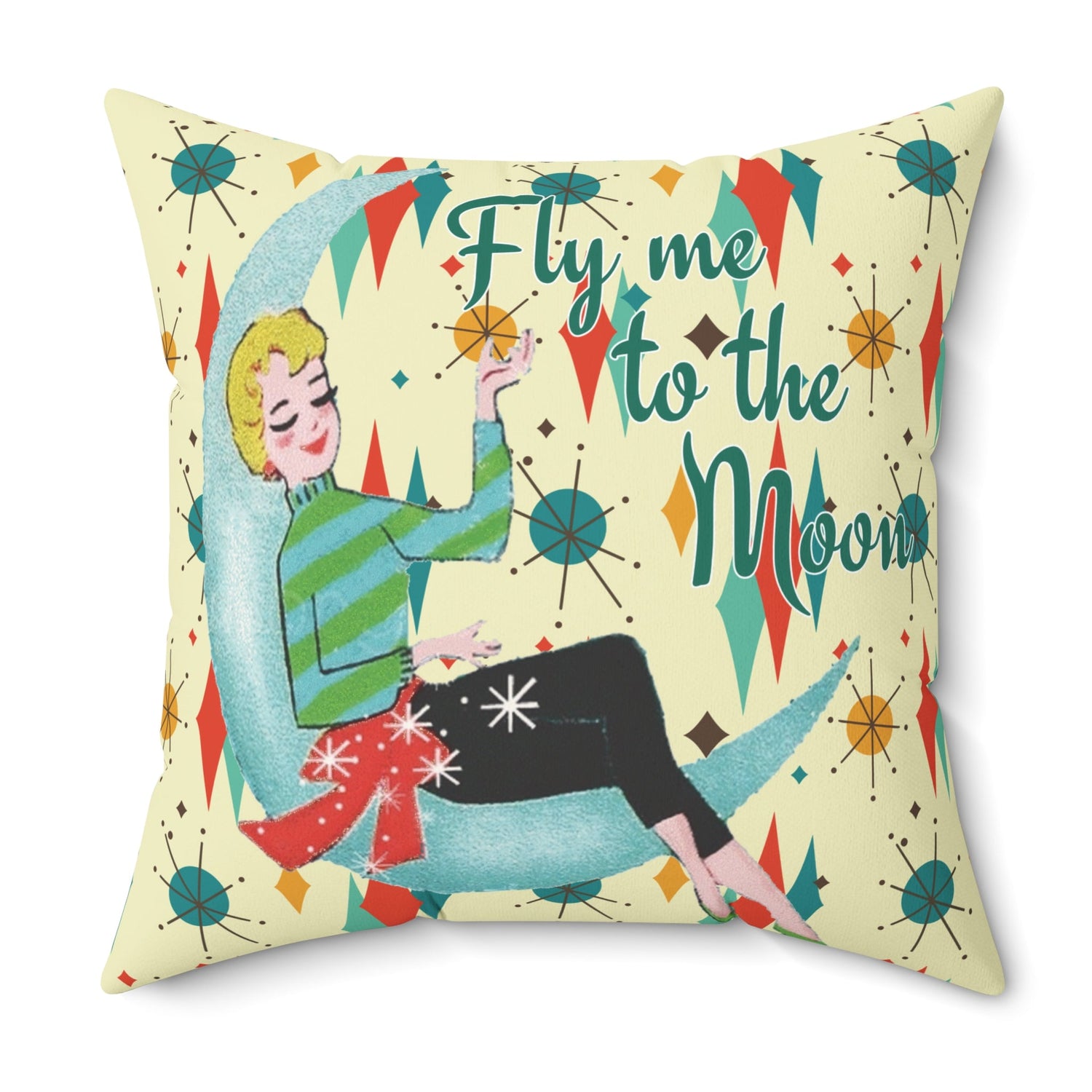Kate McEnroe New York Fly Me to the Moon Mid Century Modern Throw Pillow, Retro Mod GirlThrow Pillows13686753882819817732
