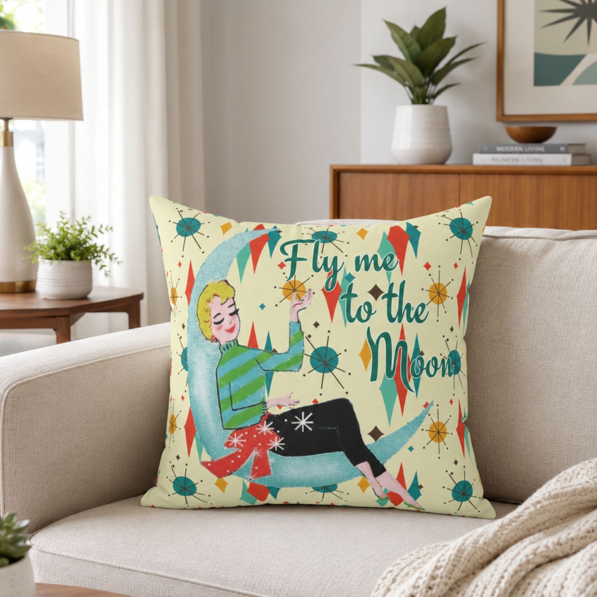 Kate McEnroe New York Fly Me to the Moon Mid Century Modern Throw Pillow, Retro Mod GirlThrow Pillows13686753882819817732