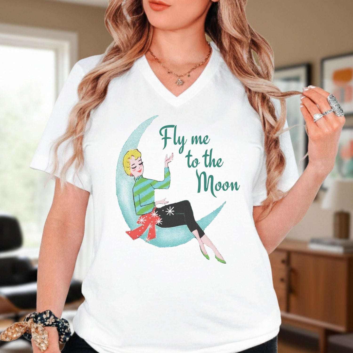 Kate McEnroe New York Fly Me to the Moon Retro Mid Century Modern Kitsch V Neck T ShirtT-Shirts36564673275586921357