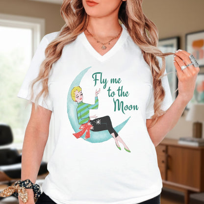Kate McEnroe New York Fly Me to the Moon Retro Mid Century Modern Kitsch V Neck T ShirtT-Shirts36564673275586921357