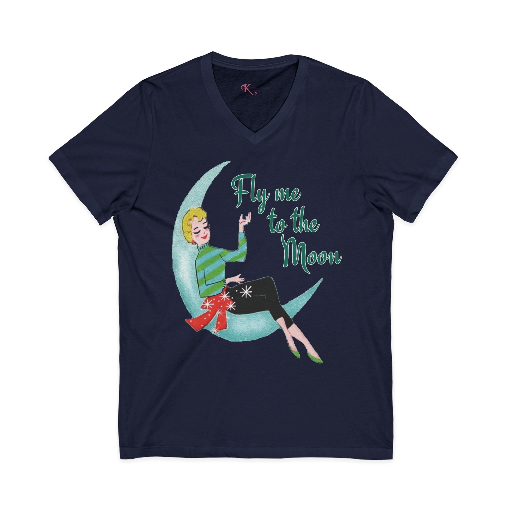 Kate McEnroe New York Fly Me to the Moon Retro Mid Century Modern Kitsch V Neck T ShirtT-Shirts92973959955247470012