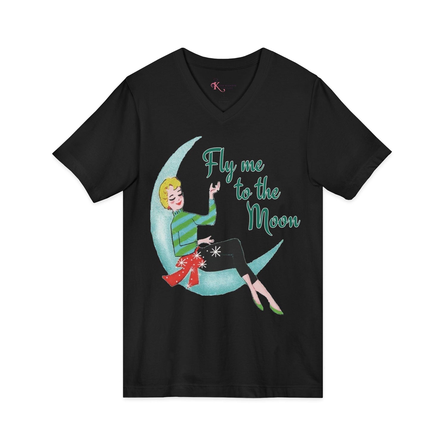 Kate McEnroe New York Fly Me to the Moon Retro Mid Century Modern Kitsch V Neck T ShirtT-Shirts92973959955247470012