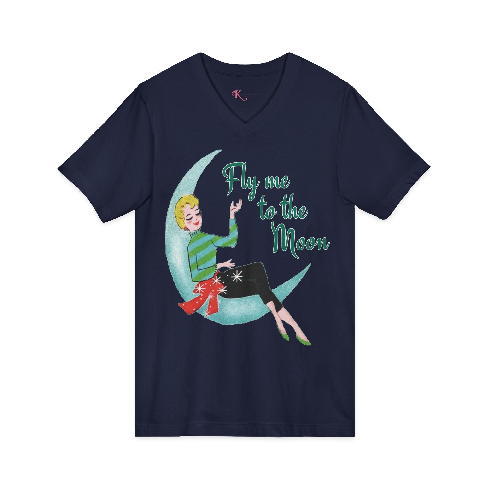 Kate McEnroe New York Fly Me to the Moon Retro Mid Century Modern Kitsch V Neck T ShirtT-Shirts92973959955247470012