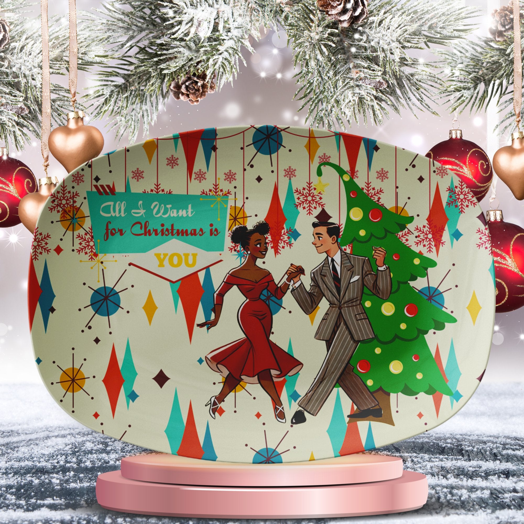 Kate McEnroe New York Franciscan Diamond Starburst Christmas Platter, All I Want For Christmas Is You, Retro Vintage 50s Mixed - Race Couple Kitsch TrayServing PlattersP23 - MIX - FSTB - 2
