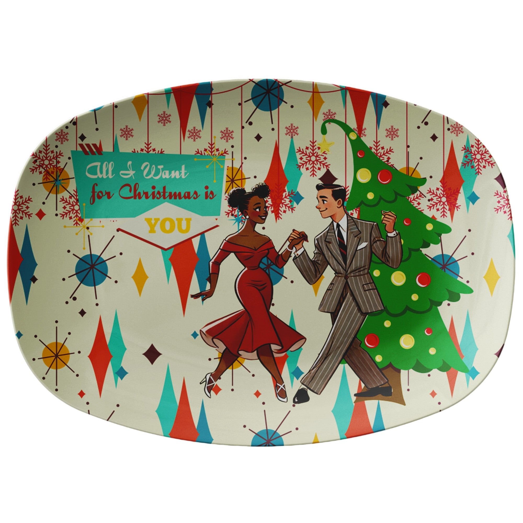 Kate McEnroe New York Franciscan Diamond Starburst Christmas Platter, All I Want For Christmas Is You, Retro Vintage 50s Mixed - Race Couple Kitsch TrayServing PlattersP23 - MIX - FSTB - 2