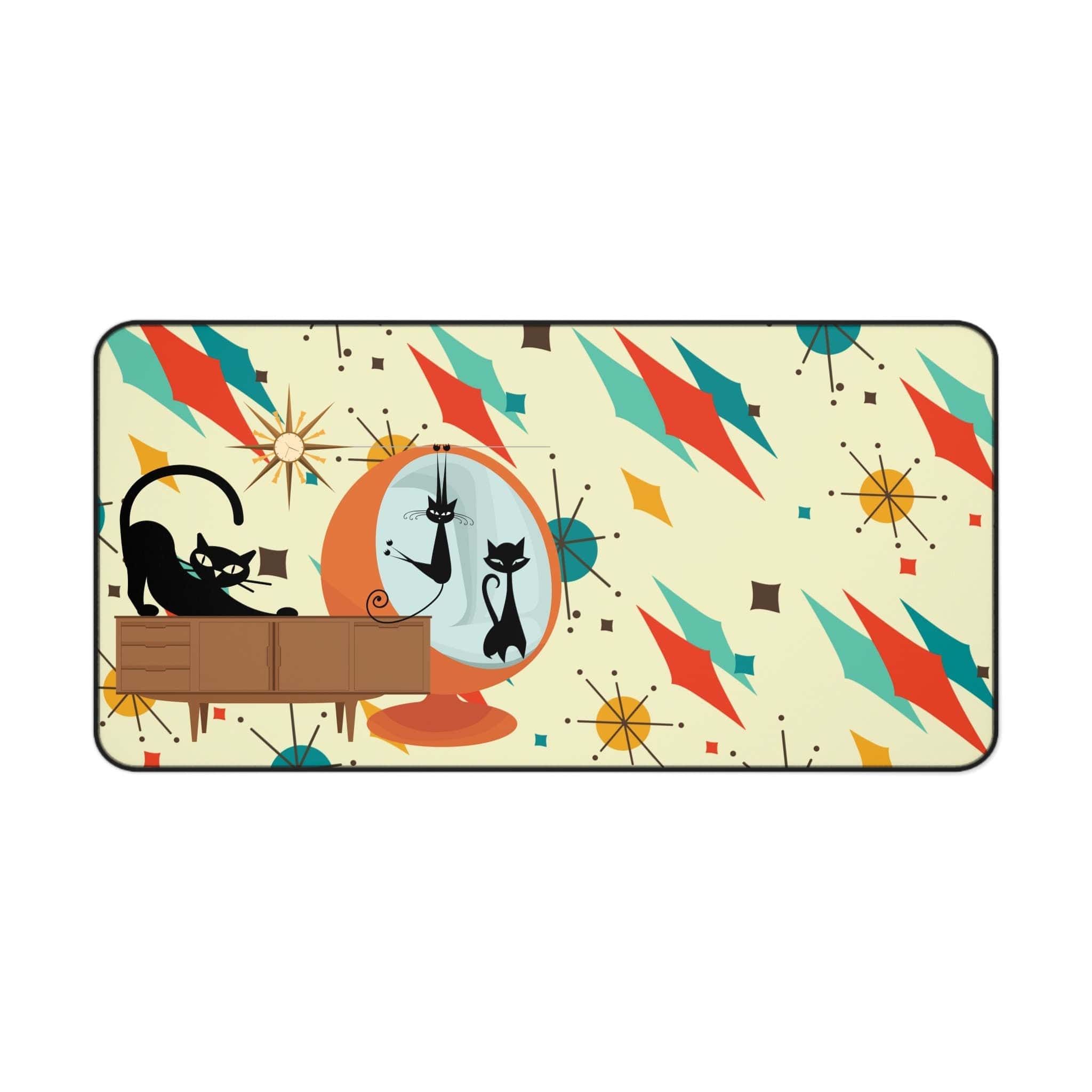 Kate McEnroe New York Franciscan Diamond Starburst Kitschy Cat Desk Mat, Mid Century Modern Atomic Retro Aqua, Beige Office Accessories - 133182923Desk Pads14828953626931368888