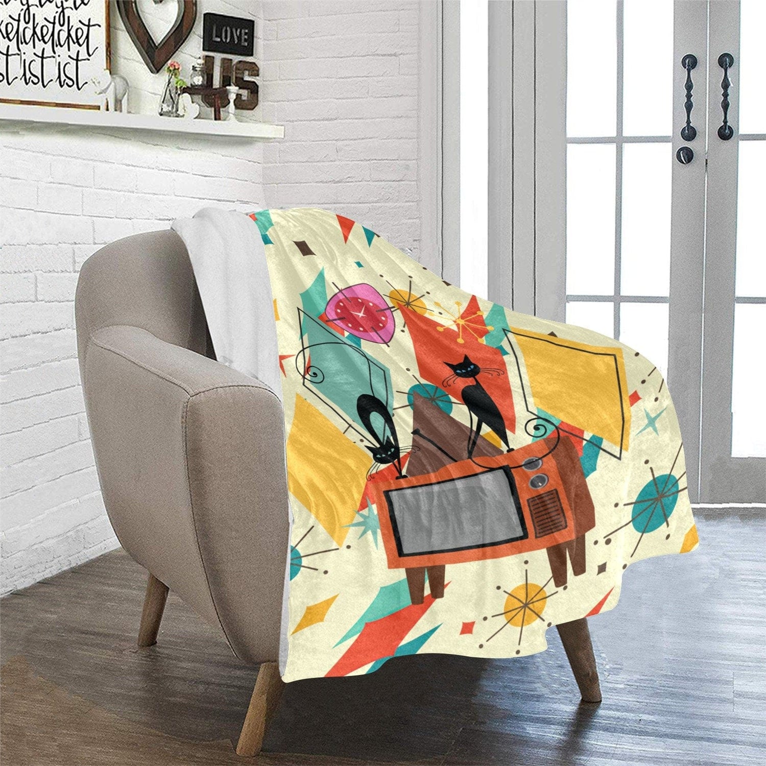 Kate McEnroe New York Franciscan Diamond Starburst Mid Mod Atomic Cat Retro TV Sherpa Fleece Plush Blanket, Cozy Mid Century Modern Sofa Blanket - 128982023Blankets56974009421865057538