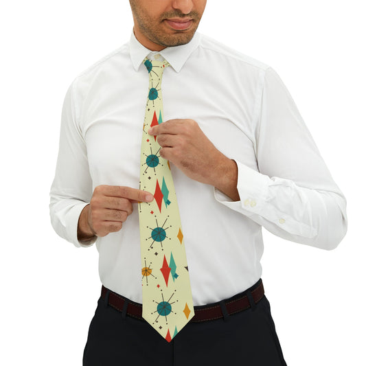 Printify Franciscan Diamond Starburst Necktie, Mid Century Modern Aqua Mustard Yellow, Cream Retro Geometric Men's Fashion Tie Accessories One Size 30946263493442937150