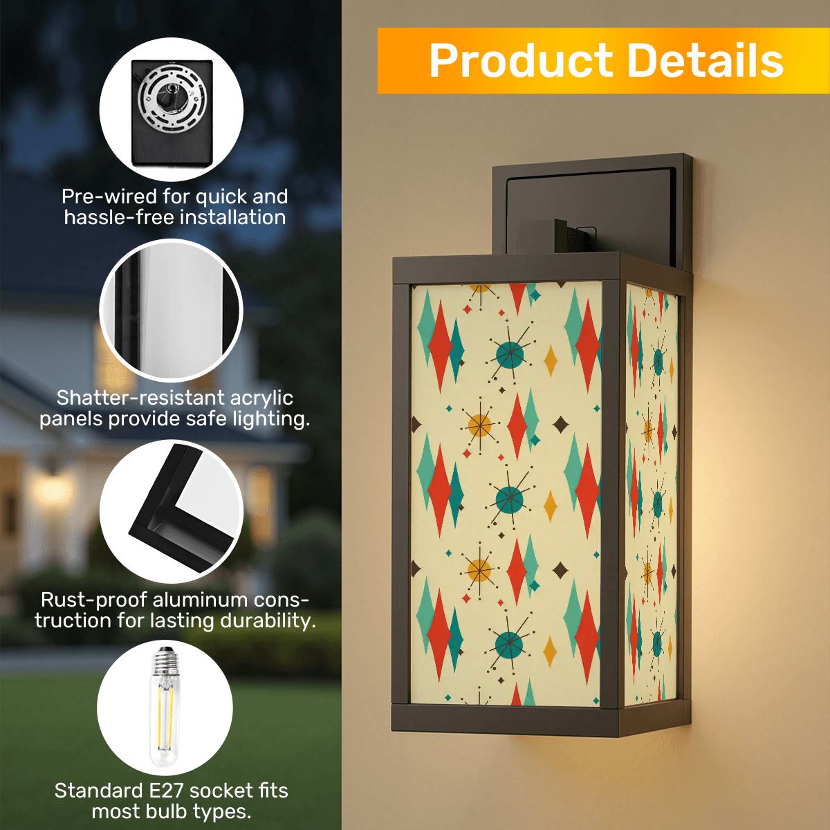 Kate McEnroe New York Franciscan Diamond Starburst Outdoor Wall Sconce, Retro Vintage 50s Mid Century Modern Porch Wall LightOutdoor Wall LightsSBszLwJVUV