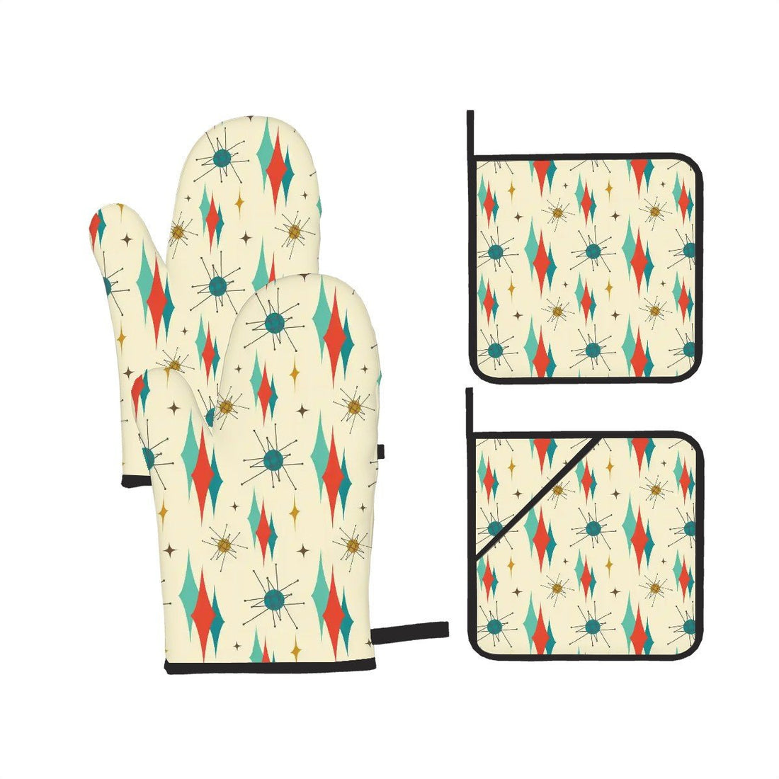 Kate McEnroe New York Franciscan Diamond Starburst Oven Mitts and Pot Holders Set, Mid century Modern Kitchen AccessoriesOven Mitts &amp; Pot Holder SetH5KRTB-ABOZI6-8VIID7