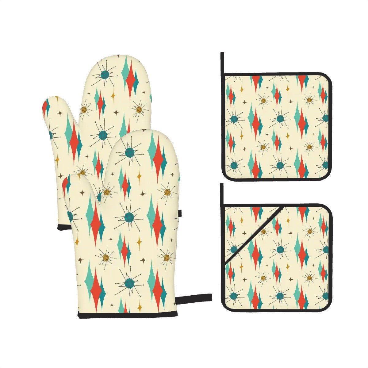 Kate McEnroe New York Franciscan Diamond Starburst Oven Mitts and Pot Holders Set, Mid century Modern Kitchen AccessoriesOven Mitts &amp; Pot Holder SetH5KRTB-ABOZI6-8VIID7