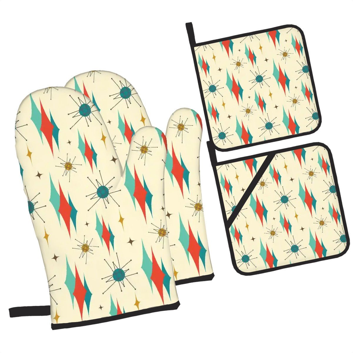 Kate McEnroe New York Franciscan Diamond Starburst Oven Mitts and Pot Holders Set, Mid century Modern Kitchen AccessoriesOven Mitts &amp; Pot Holder SetH5KRTB-ABOZI6-8VIID7