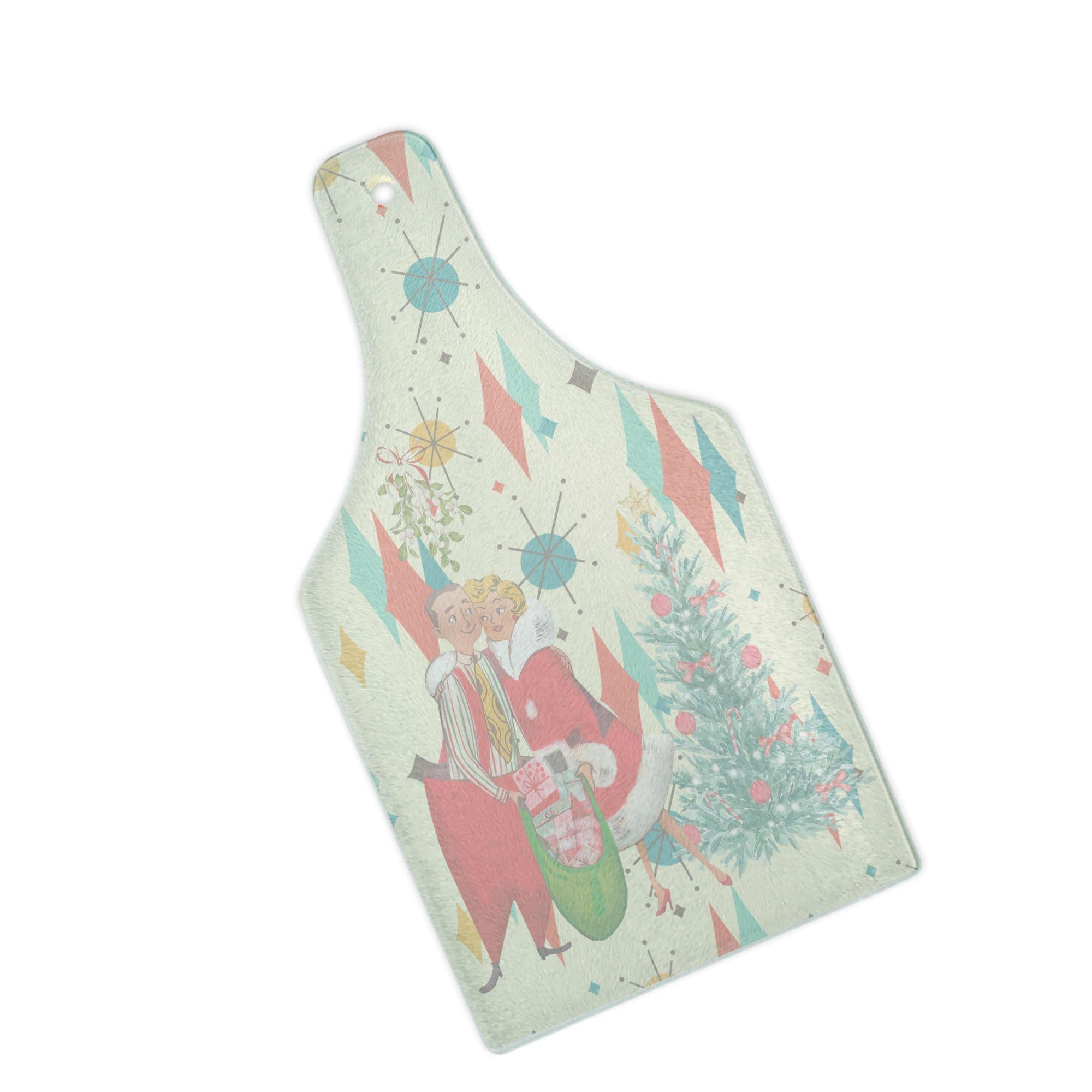 Kate McEnroe New York Franciscan Diamond Starburst Retro 1950s Vintage Kitsch Christmas Card Art Wine Bottle Shape Glass Cutting Board, MCM Holiday KitchenwareCutting BoardsPTG-FSB-GCB-4