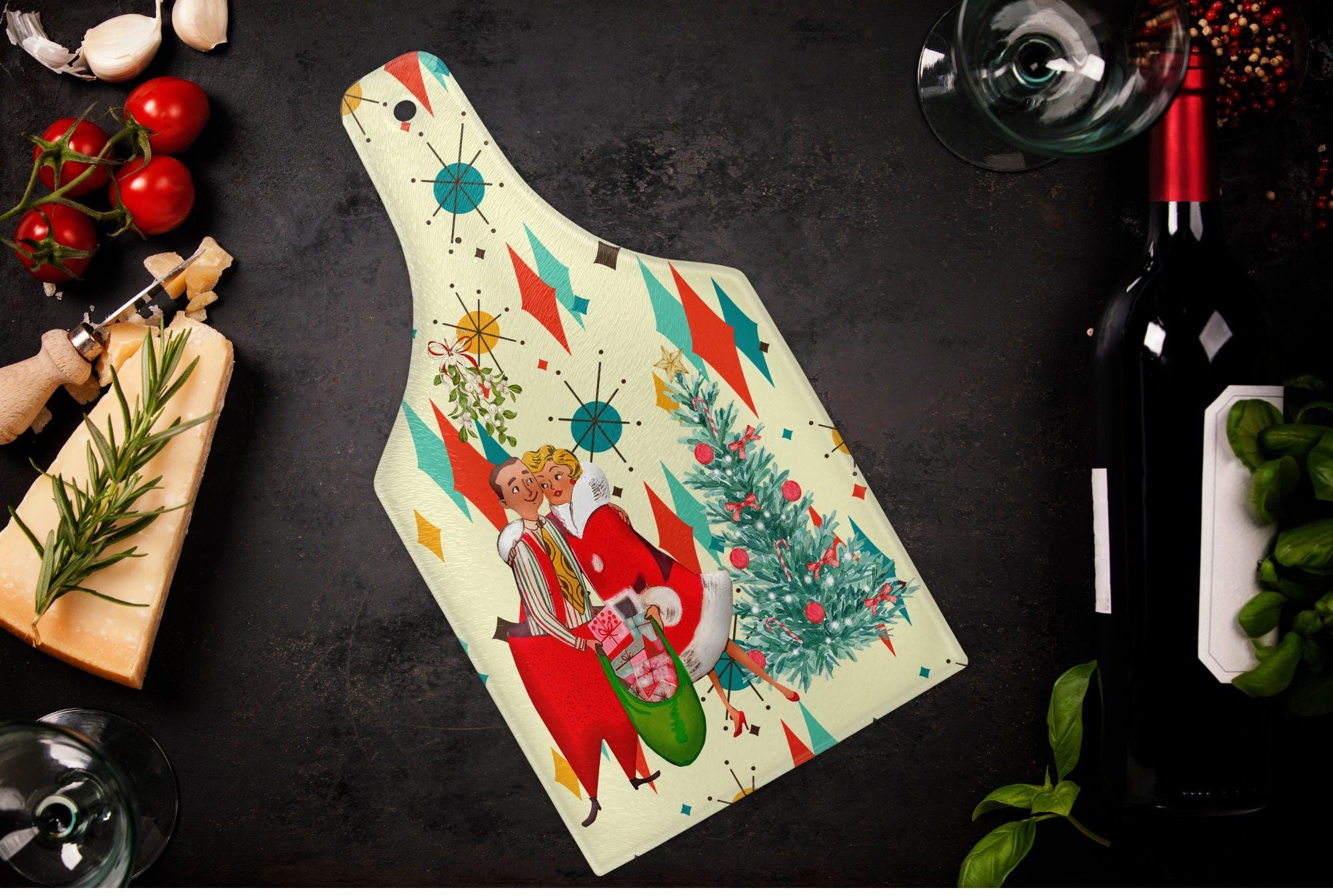 Kate McEnroe New York Franciscan Diamond Starburst Retro 1950s Vintage Kitsch Christmas Card Art Wine Bottle Shape Glass Cutting Board, MCM Holiday KitchenwareCutting BoardsPTG-FSB-GCB-4