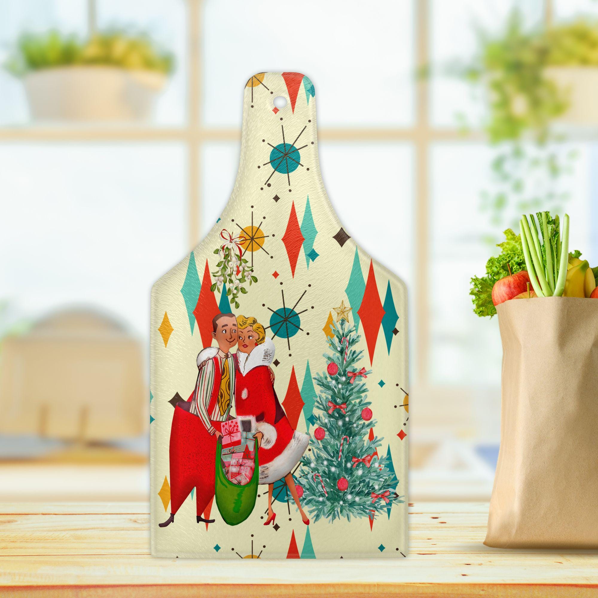 Kate McEnroe New York Franciscan Diamond Starburst Retro 1950s Vintage Kitsch Christmas Card Art Wine Bottle Shape Glass Cutting Board, MCM Holiday KitchenwareCutting BoardsPTG-FSB-GCB-4
