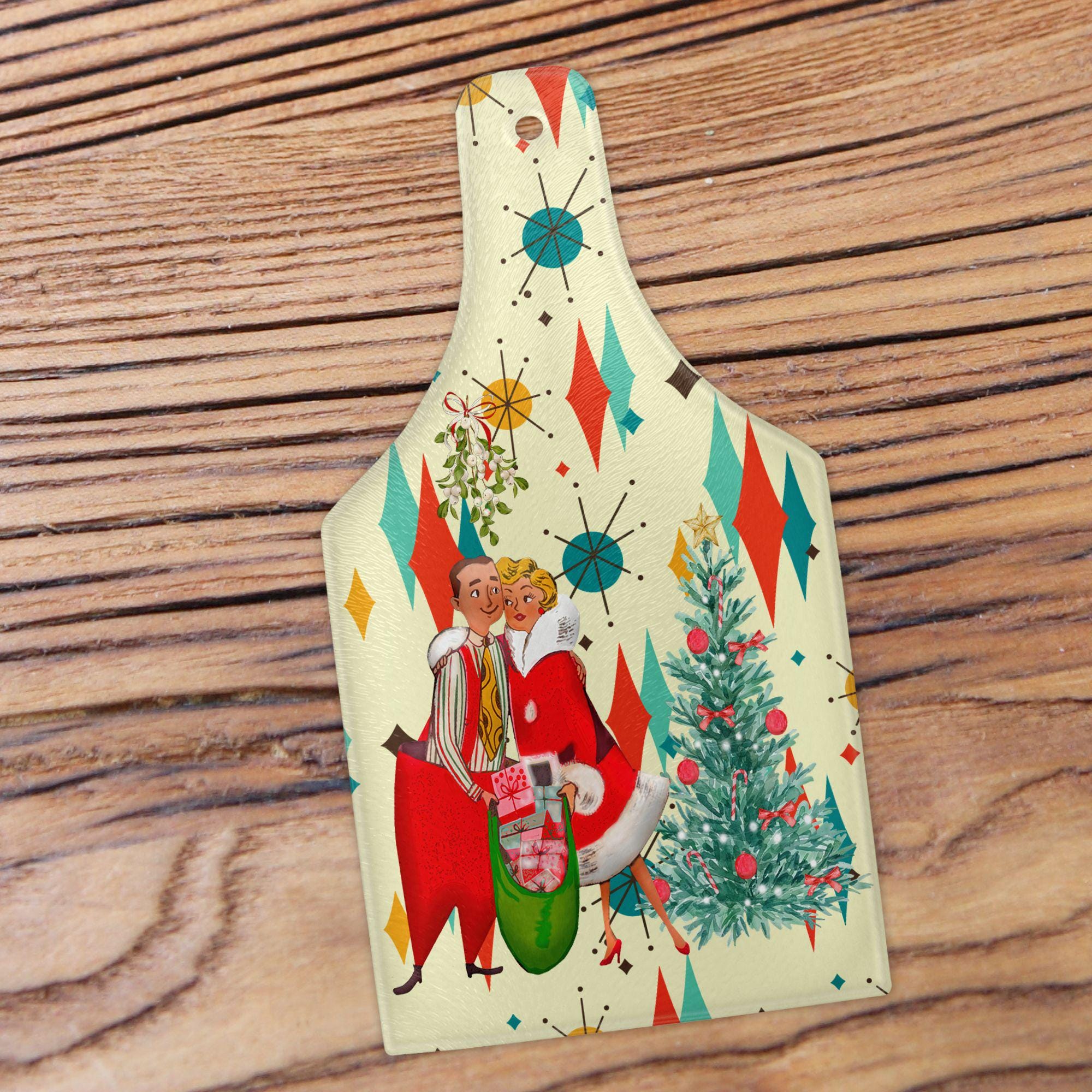 Kate McEnroe New York Franciscan Diamond Starburst Retro 1950s Vintage Kitsch Christmas Card Art Wine Bottle Shape Glass Cutting Board, MCM Holiday KitchenwareCutting BoardsPTG-FSB-GCB-4