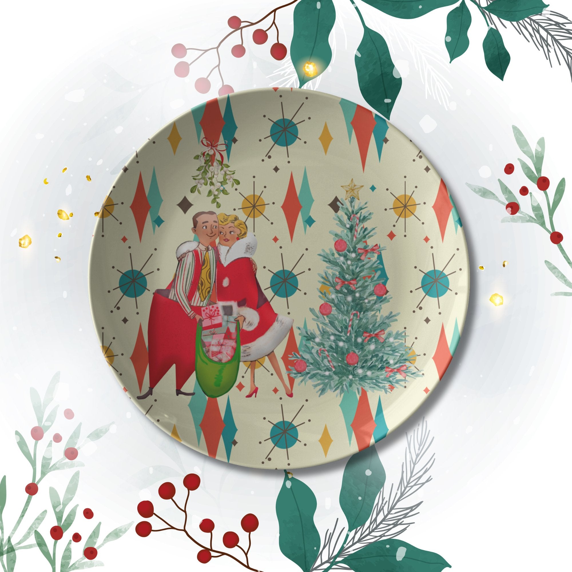 Kate McEnroe New York Franciscan Diamond Starburst Retro Vintage 50s Kitsch Christmas Card Art Dinner PlatePlates9820SINGLE