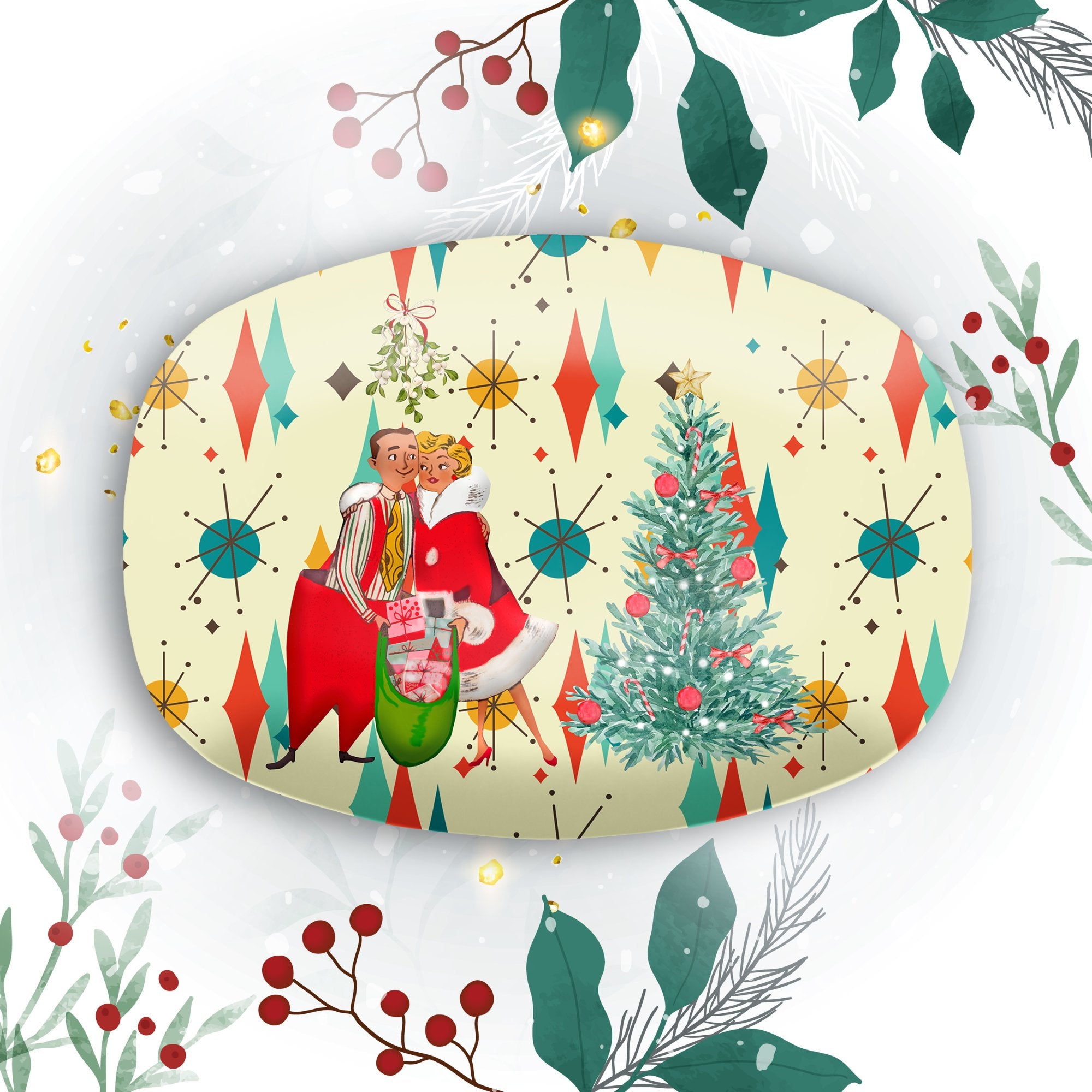 Kate McEnroe New York Franciscan Diamond Starburst Retro Vintage 50s Kitsch Christmas Card Art PlatterServing PlattersP23 - FSB - CPL - 67