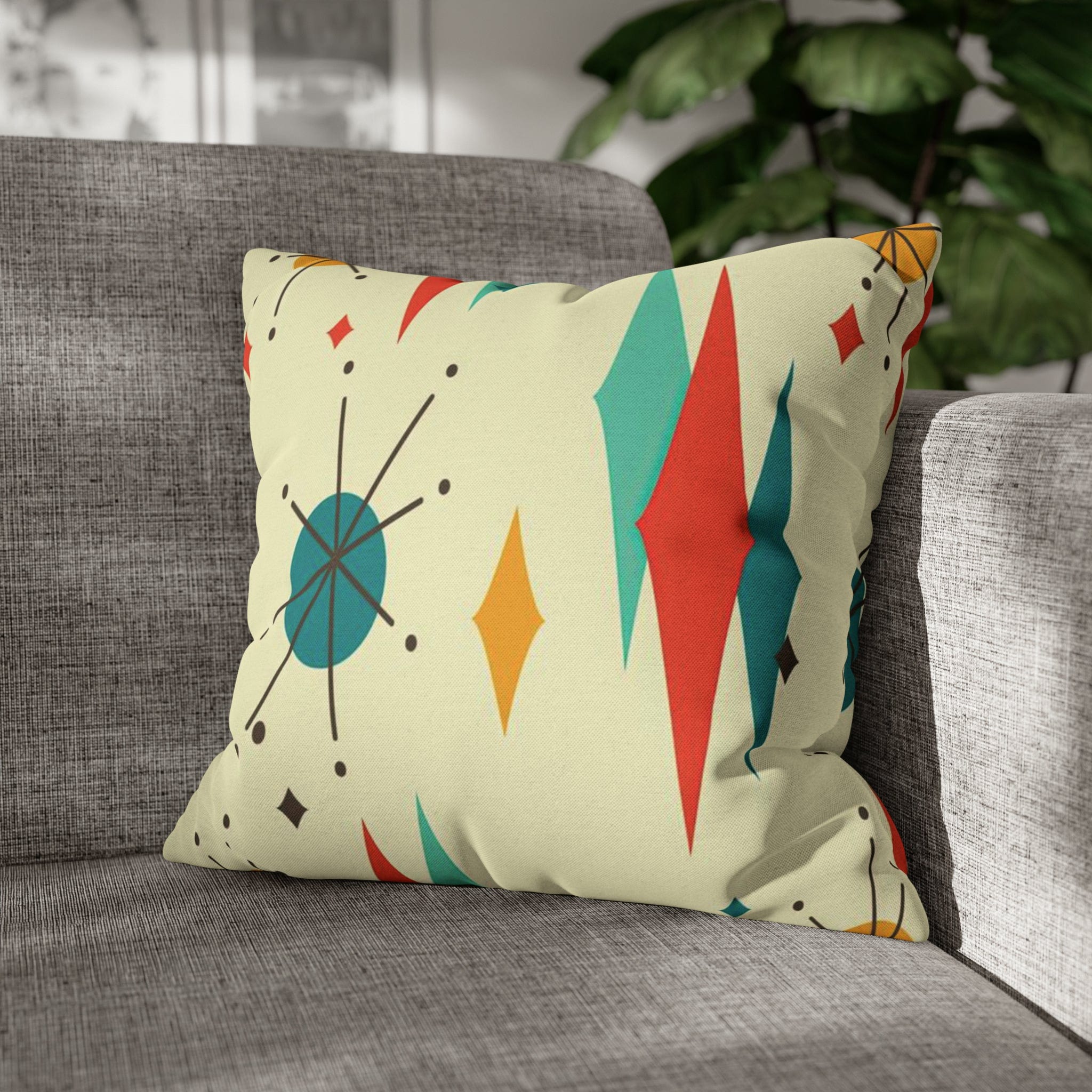 Printify Franciscan Diamond Starburst Throw Pillow Covers in Mid Century Modern Orange, Teal, Cream Hues, Retro 50s MCM Cushion Cover Home Decor 18&quot; × 18&quot; 79205268599661753187